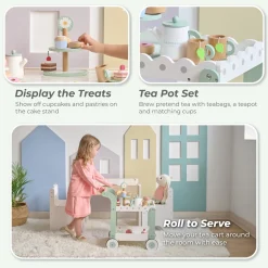 Afternoon Sip Wood Dessert Cart with 21 Pieces & Rotatable Wheels