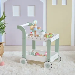 Afternoon Sip Wood Dessert Cart with 21 Pieces & Rotatable Wheels