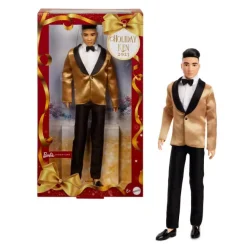 Barbie Signature 2025 Holiday Black Hair Ken Collectible Fashion Doll Wearing Full Suit With Golden Jacket