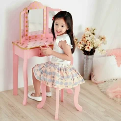 Gisele Polka Dot Vanity with Mirror & Stool - Pink