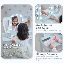 Heart Glow Wooden Vanity Set with LED Lights Mirror & Stool - Blue