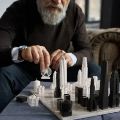 New York Versus Los Angeles Acrylic Chess Set with Black and White Wood Hatch Board