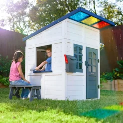 Rainbow Shade Wooden Playhouse with Kitchen, Flower Box & Bench - White