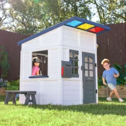 Rainbow Shade Wooden Playhouse with Kitchen, Flower Box & Bench - White