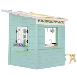 Rainbow Shade Wooden Playhouse with Kitchen, Flower Box & Bench - Blue