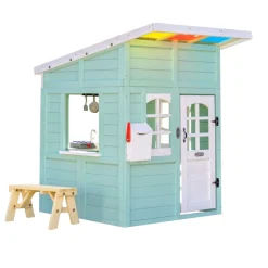 Rainbow Shade Wooden Playhouse with Kitchen, Flower Box & Bench - Blue