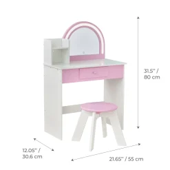 Rosé Shine Wood Vanity & Desk with LED Mirror & Stool - Pink/White